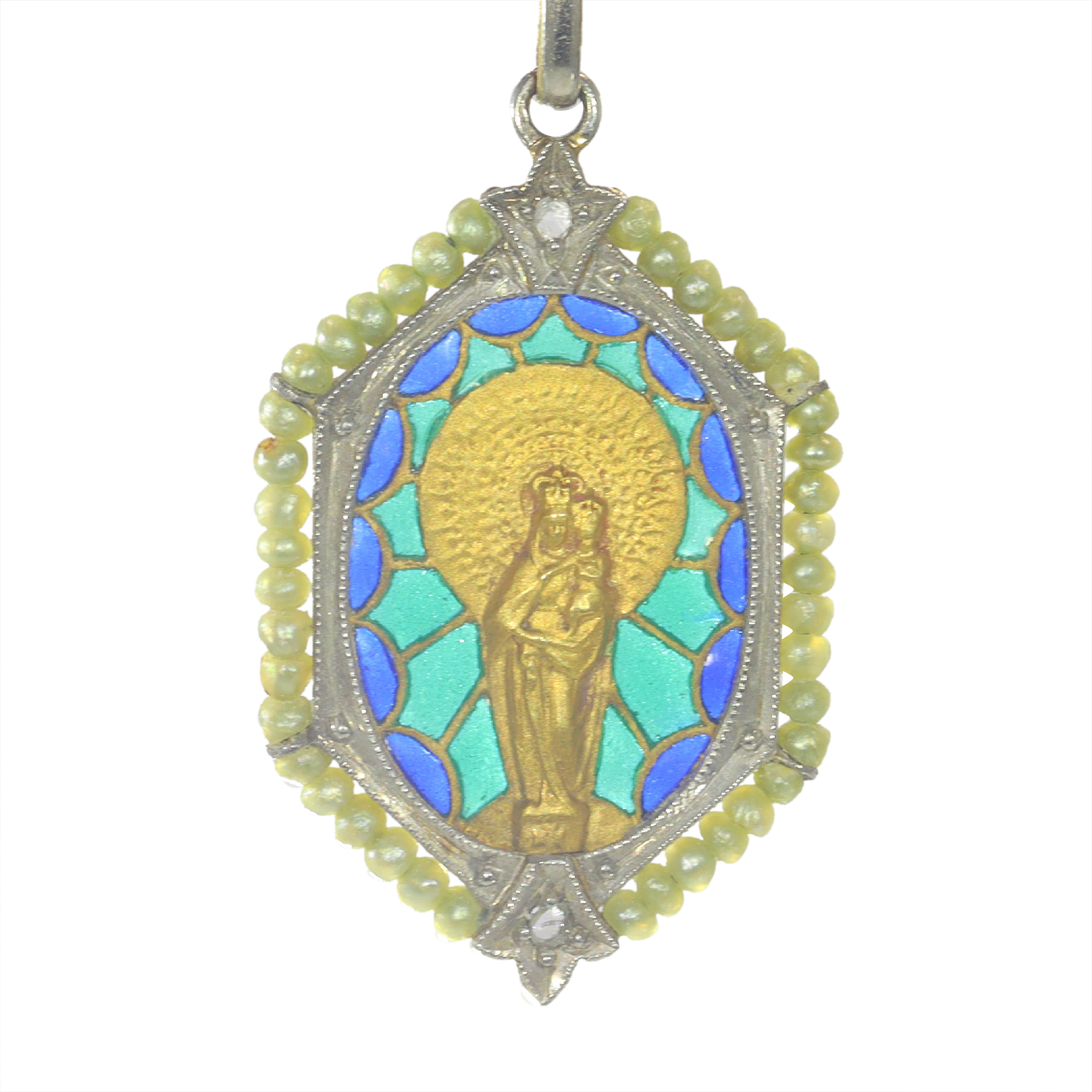Vintage antique 18K gold Mother Maria and baby Jesus medal with diamonds and plique-a-jour enamel